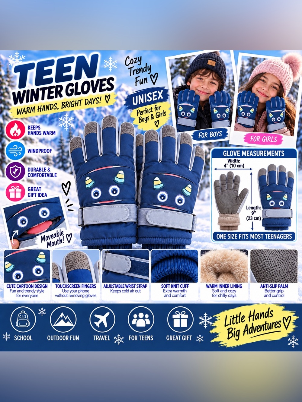 Unisex Teen Winter Gloves Boys Girls Warm Lined Touchscreen Adjustable